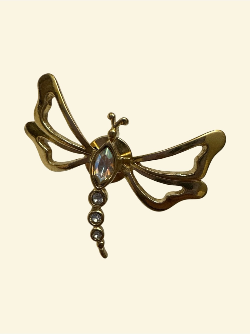 Avon Gold Tone Dragonfly Brooch with Clear Rhinestones